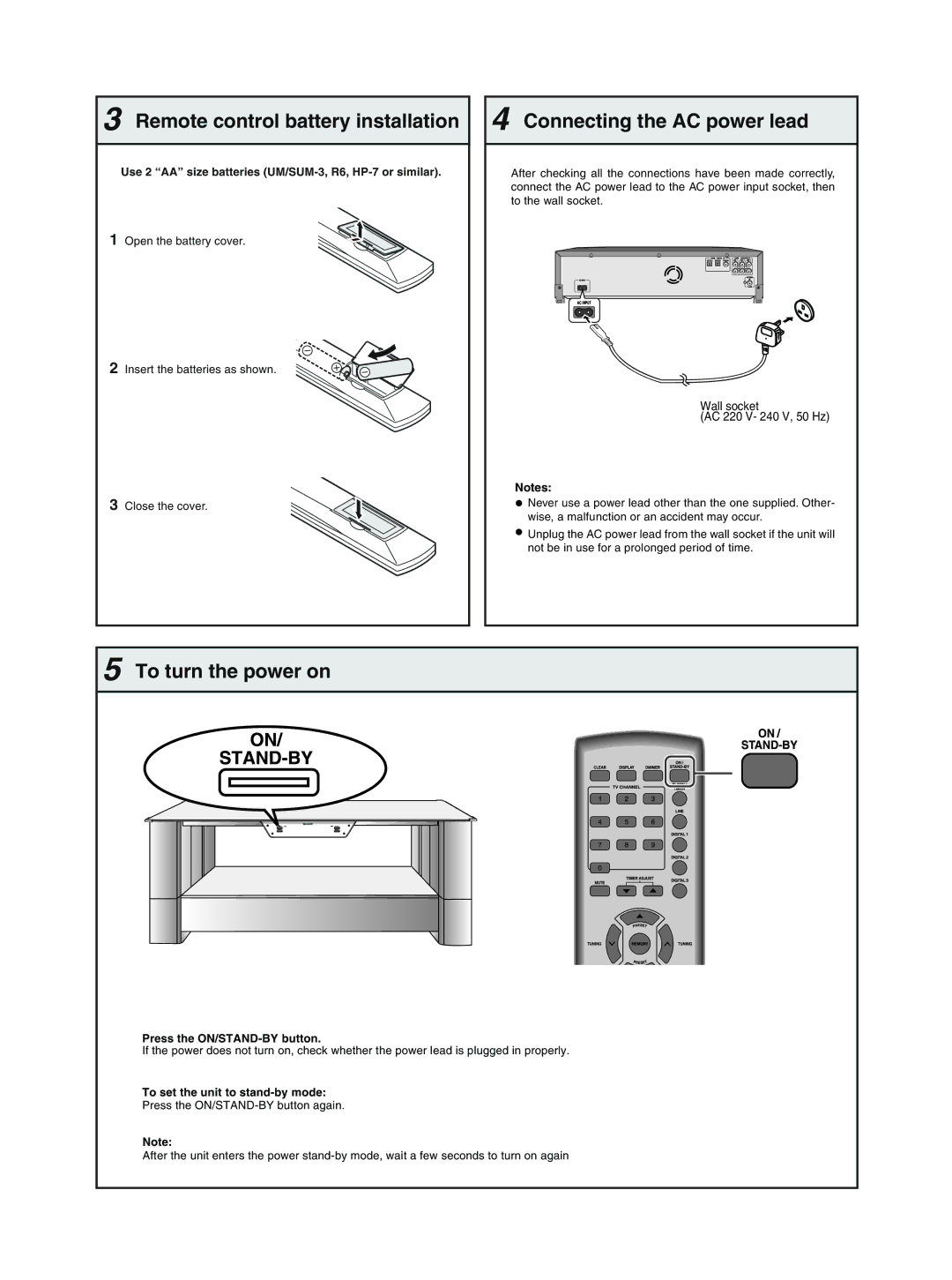 Sharp AN-GR500H quick start Remote control battery installation, Connecting the AC power lead, To turn the power on 