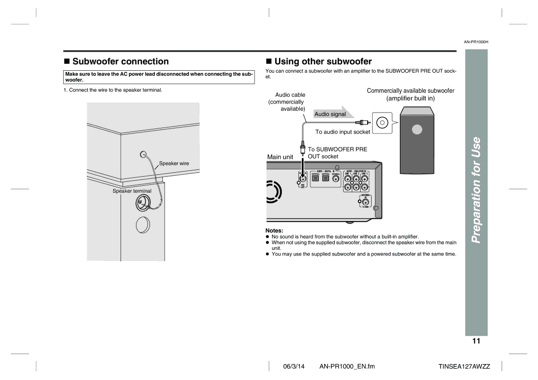 Sharp AN-PR1000H operation manual Subwoofer connection, Using other subwoofer 