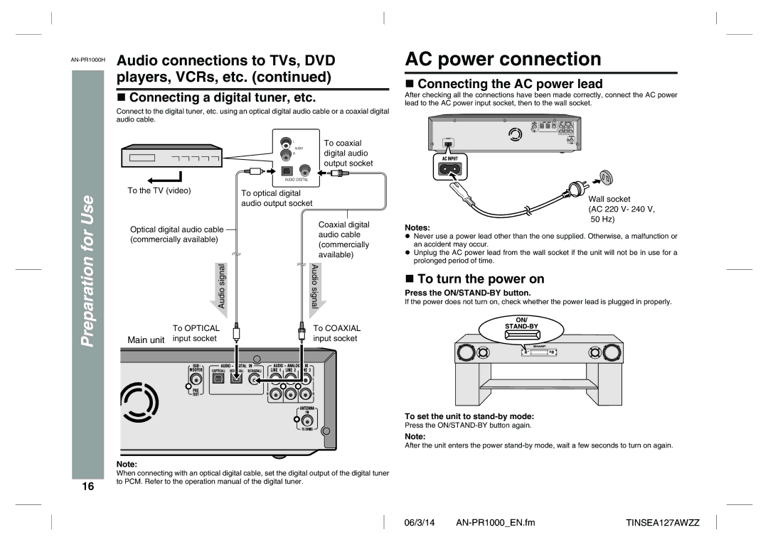 Sharp AN-PR1000H AC power connection, Audio connections to TVs, DVD players, VCRs, etc, Connecting a digital tuner, etc 