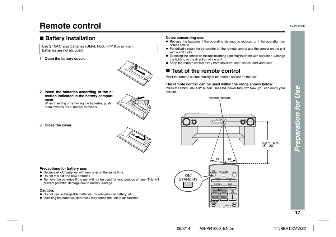 Sharp AN-PR1000H operation manual Remote control, Battery installation, Test of the remote control 