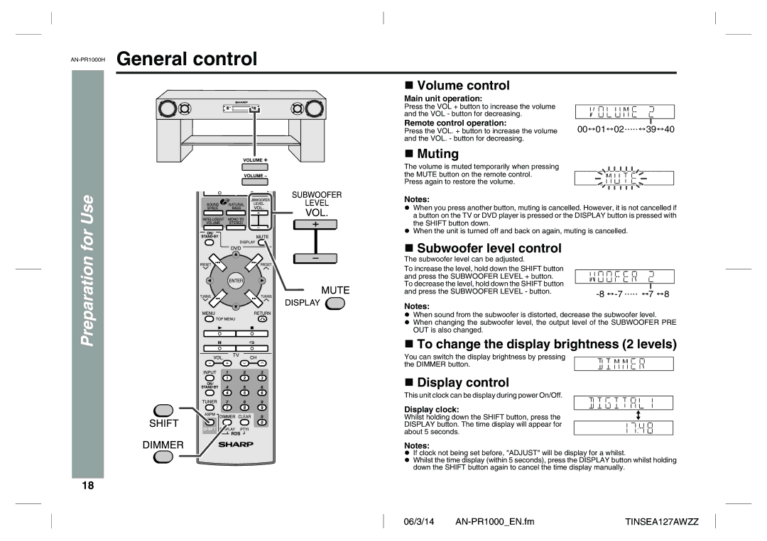 Sharp AN-PR1000HGeneral control, Muting, Subwoofer level control, To change the display brightness 2 levels 