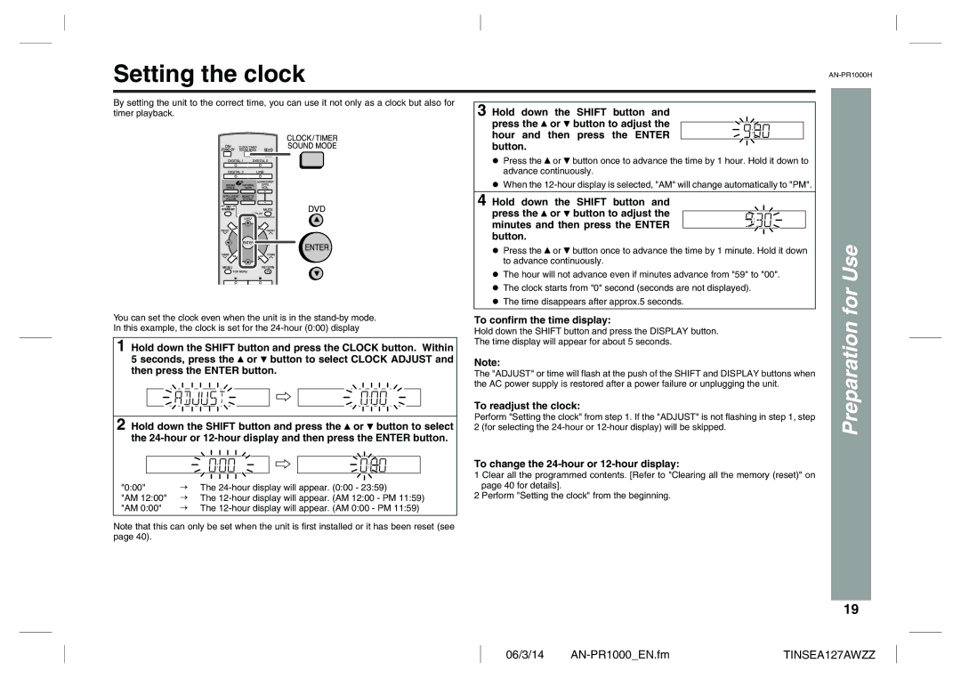 Sharp AN-PR1000H operation manual Setting the clock, To confirm the time display, To readjust the clock 