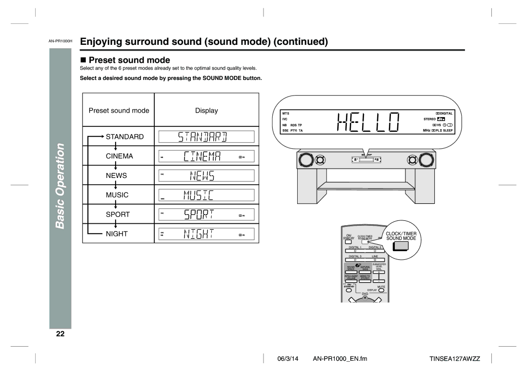 Sharp AN-PR1000H operation manual Enjoying surround sound sound mode, Preset sound mode 