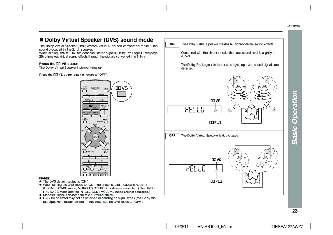 Sharp AN-PR1000H Dolby Virtual Speaker DVS sound mode, Press the VS button, Dolby Virtual Speaker is deactivated 