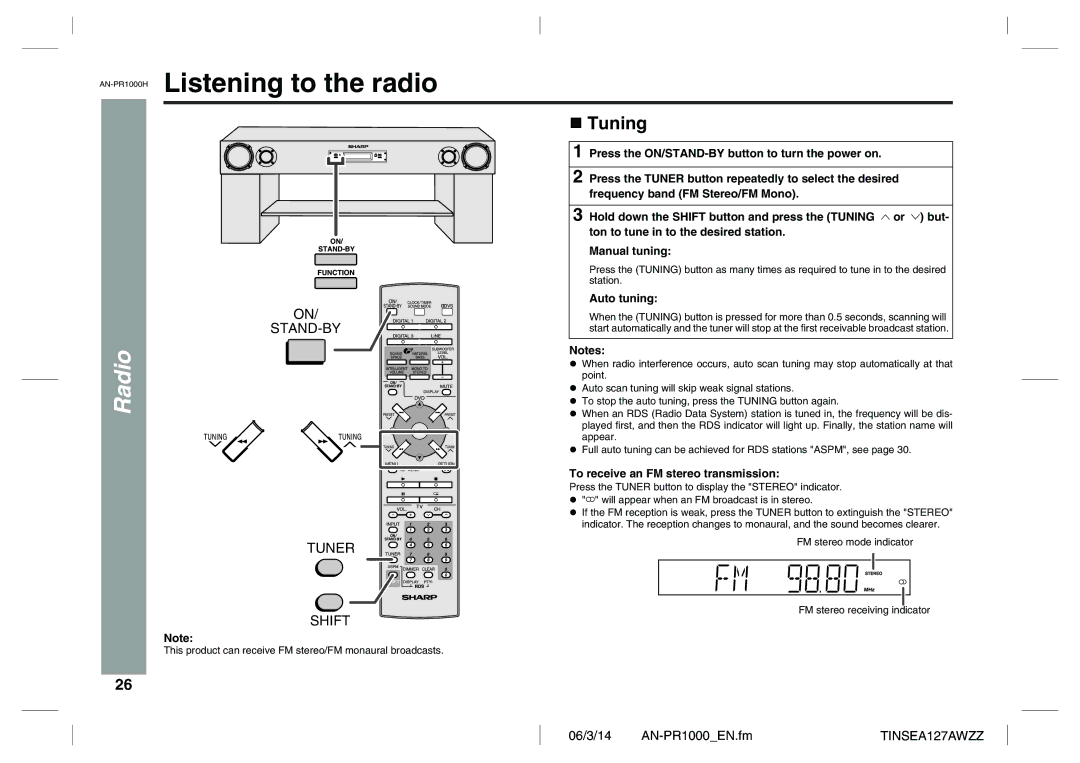 Sharp operation manual AN-PR1000HListening to the radio, Tuning 