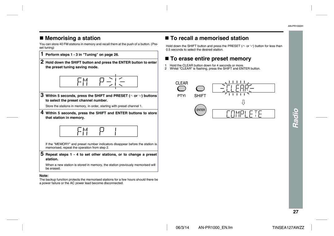 Sharp AN-PR1000H operation manual Radio, Memorising a station, To recall a memorised station, To erase entire preset memory 