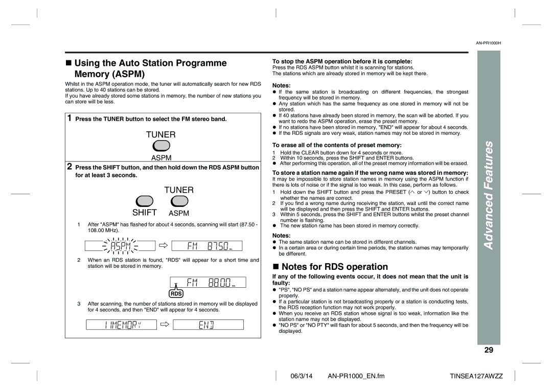 Sharp AN-PR1000H Using the Auto Station Programme Memory Aspm, Press the Tuner button to select the FM stereo band 