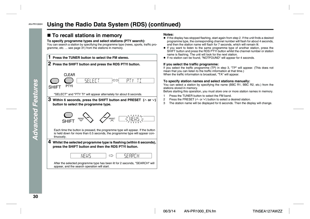 Sharp AN-PR1000HUsing the Radio Data System RDS, To recall stations in memory, If you select the traffic programme 