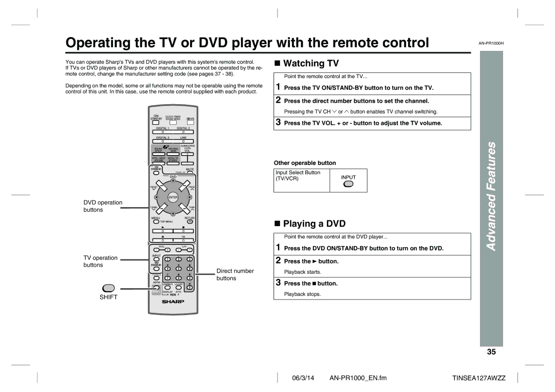 Sharp AN-PR1000H operation manual Operating the TV or DVD player with the remote control, Watching TV, Playing a DVD 