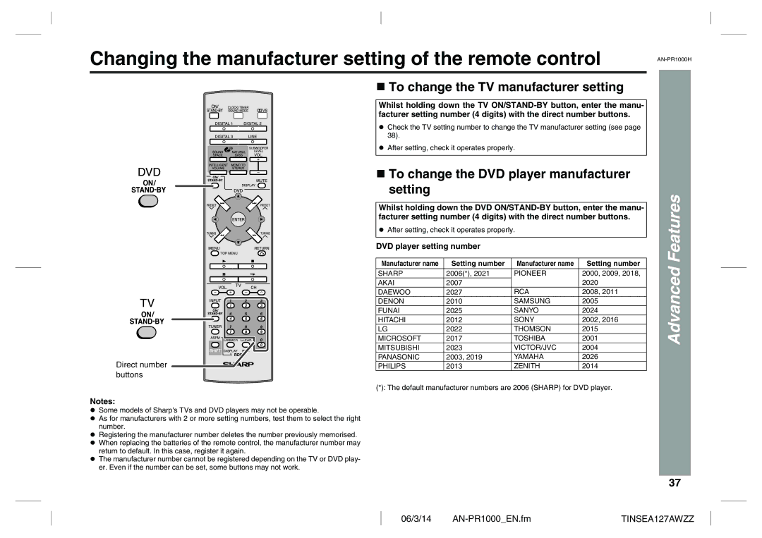 Sharp AN-PR1000H Changing the manufacturer setting of the remote control, To change the TV manufacturer setting 