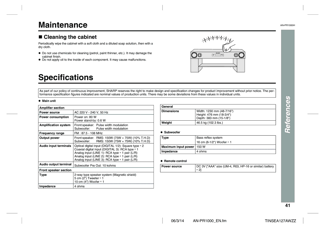 Sharp AN-PR1000H operation manual Maintenance, Specifications, Cleaning the cabinet 