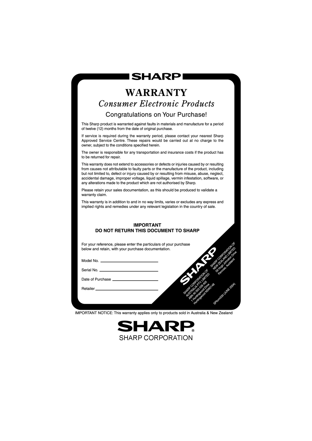 Sharp AN3DG20B, AN-3DG20 operation manual Sharp Corporation 