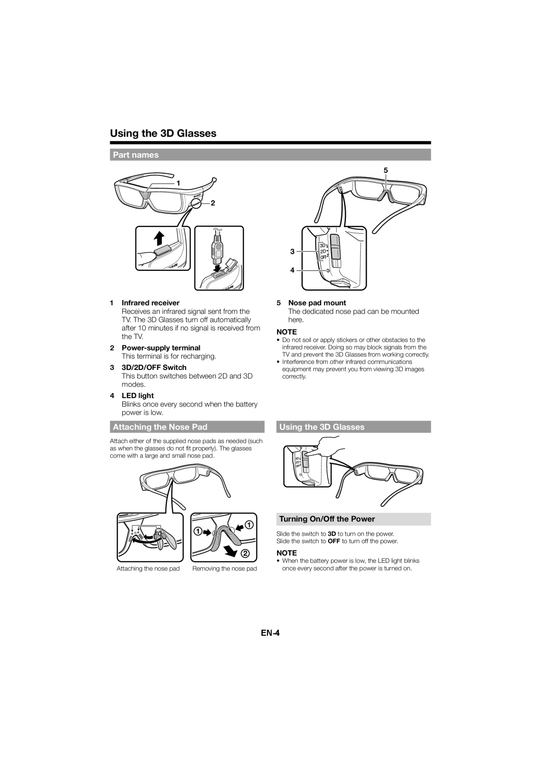 Sharp AN3DG20B, AN-3DG20 operation manual Part names, Attaching the Nose Pad, Using the 3D Glasses 