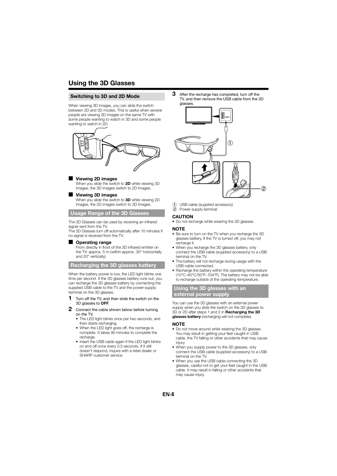 Sharp AN-3DG20 Usage Range of the 3D Glasses, Recharging the 3D glasses battery, Viewing 2D images, Operating range 