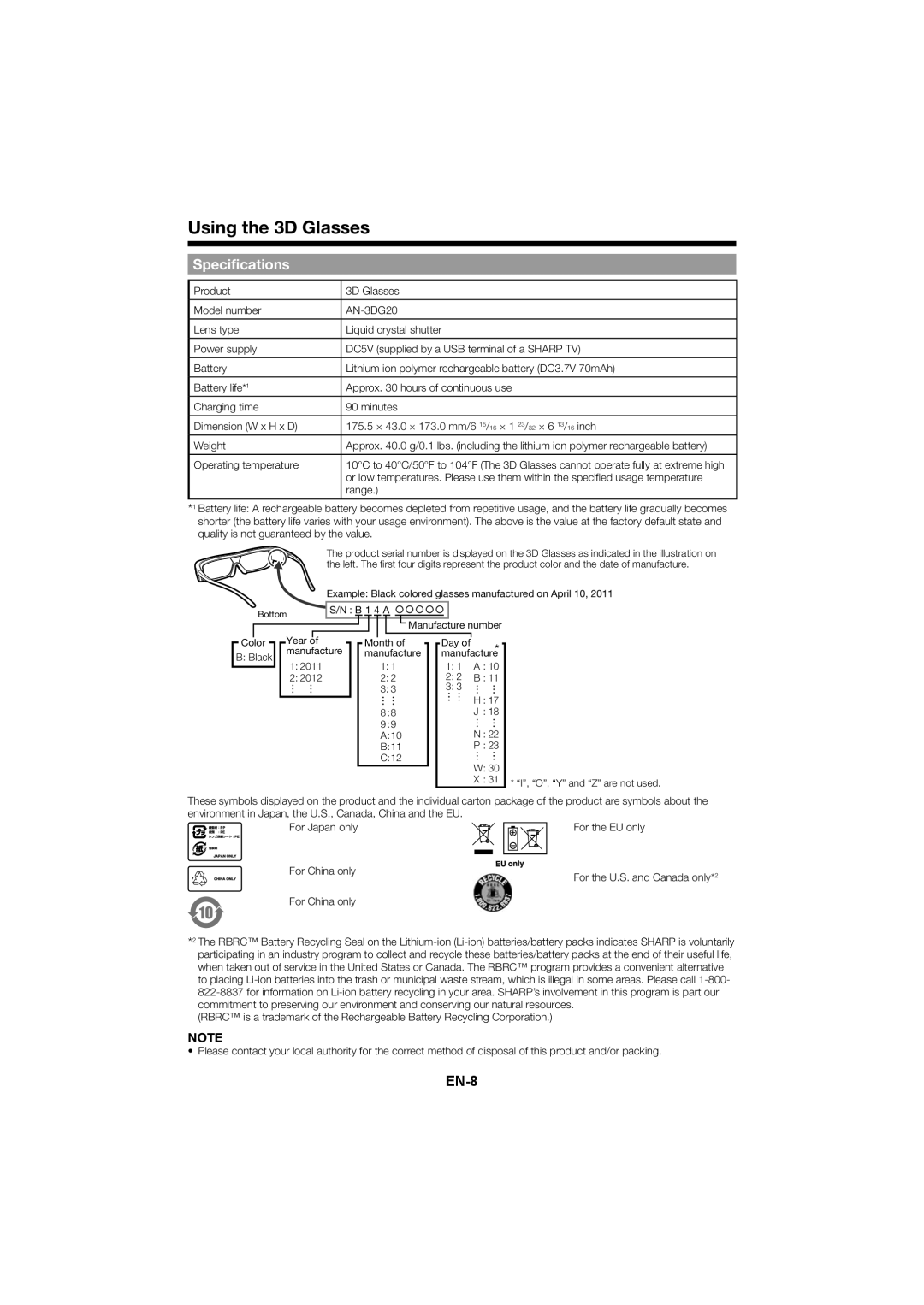 Sharp AN3DG20B, AN-3DG20 operation manual Specifications 