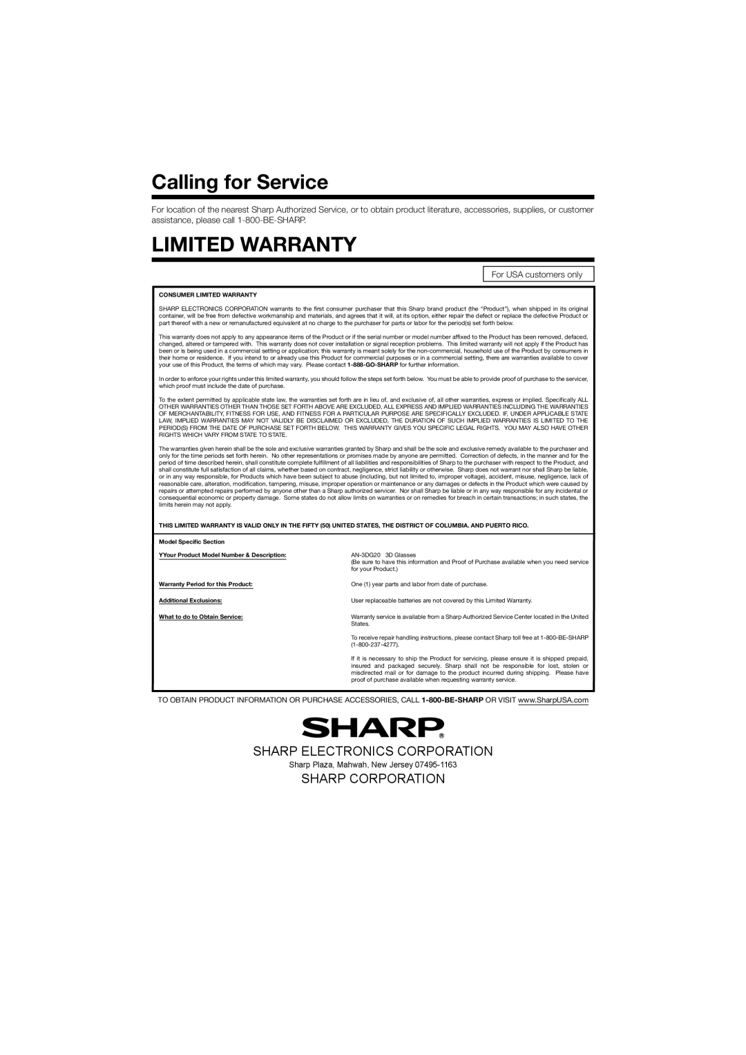 Sharp AN-3DG20, AN3DG20B operation manual Limited Warranty 