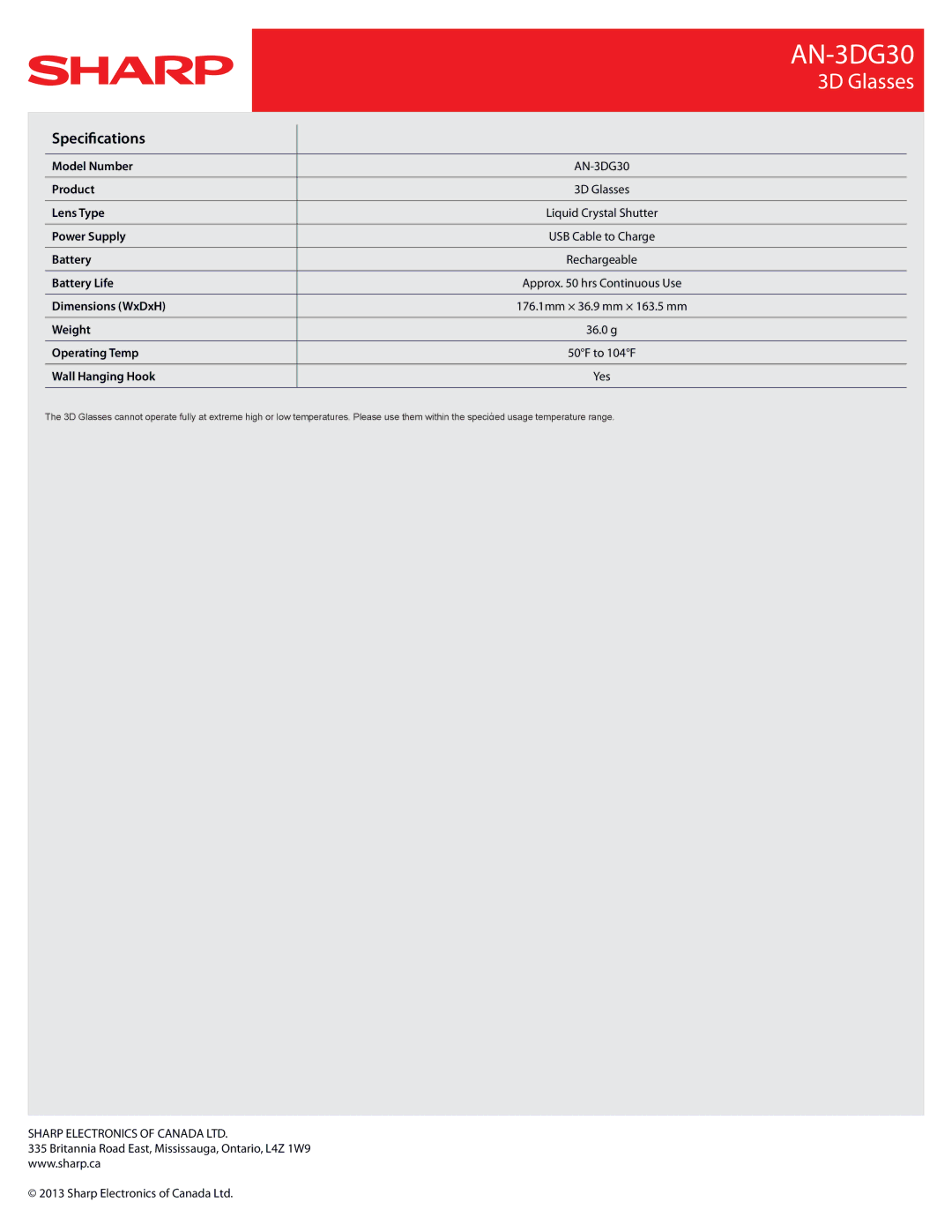 Sharp AN3DG30, AN-3DG30 manual Specifications 