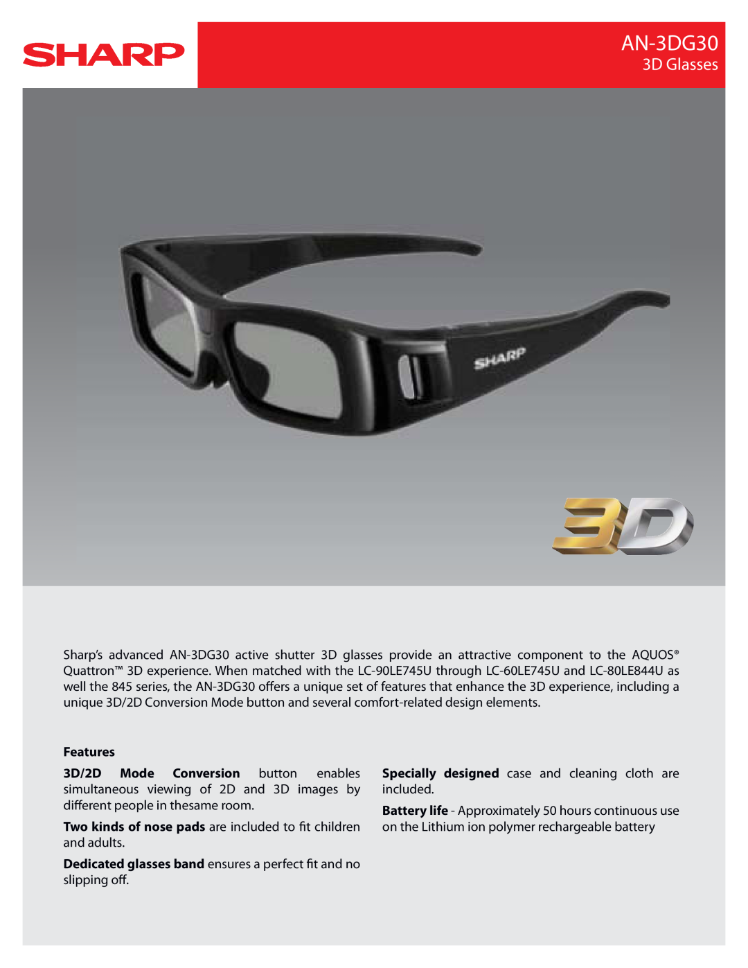 Sharp AN-3DG30, AN3DG30 manual 3D Glasses, Specially designed case and cleaning cloth are included 
