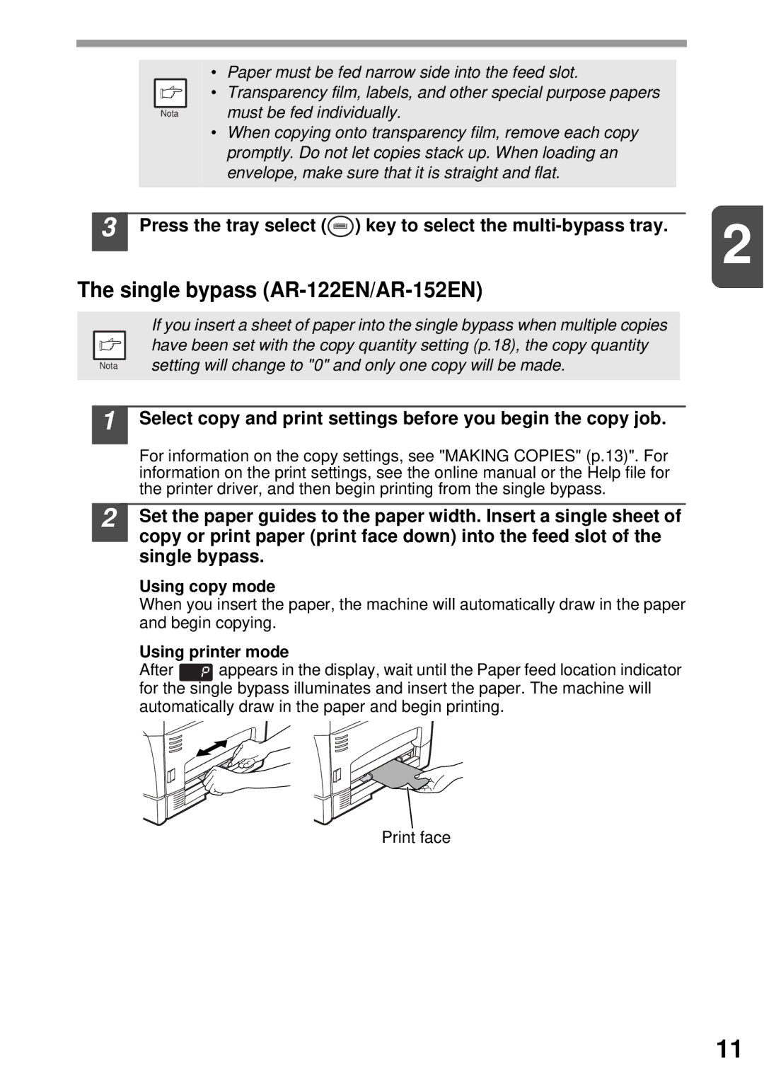 Sharp AR-153E N, AR-122E N manual Single bypass AR-122EN/AR-152EN, Press the tray select key to select the multi-bypass tray 