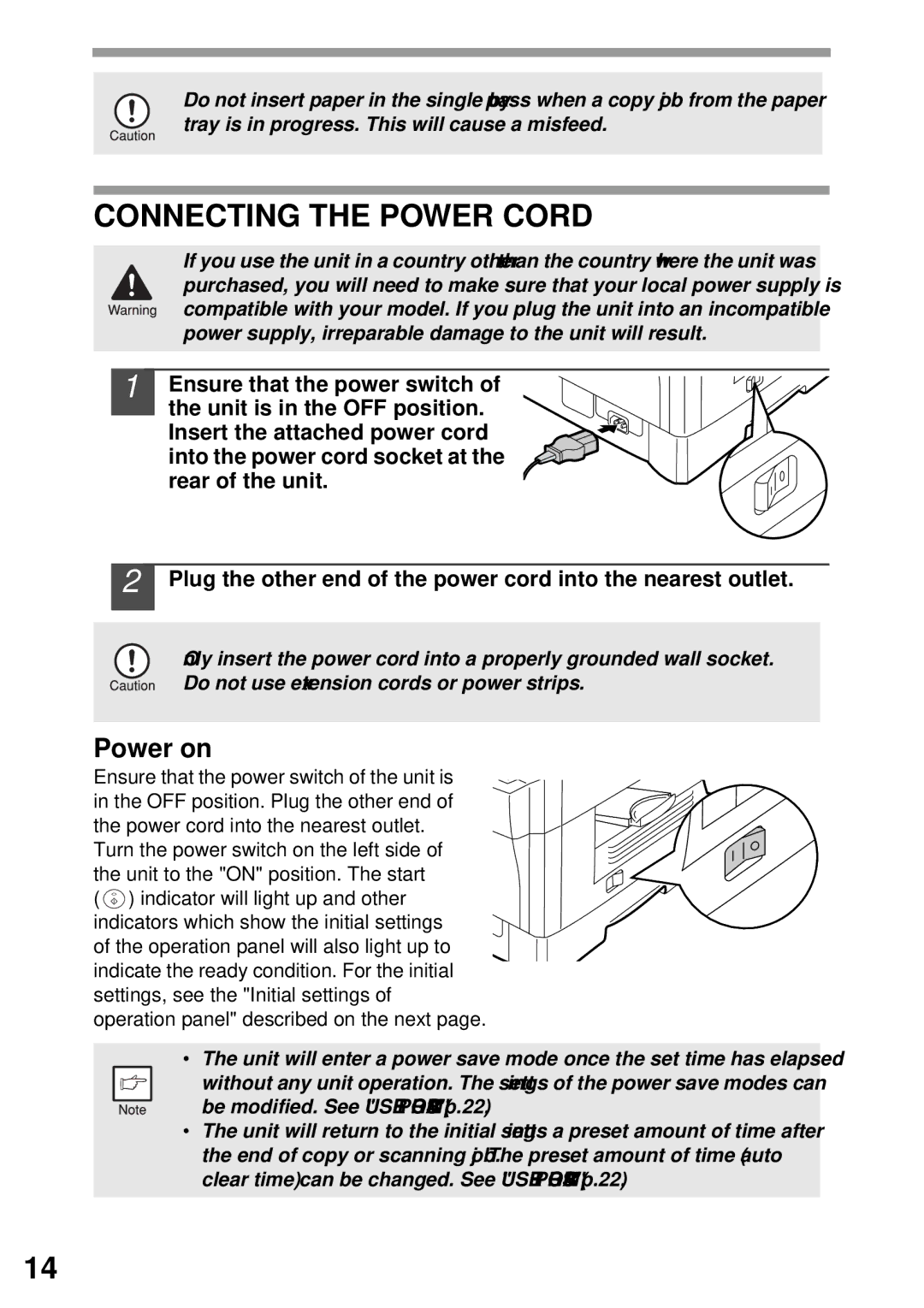 Sharp AR-153E N, AR-122E N, AR-152E N manual Connecting the Power Cord, Power on 