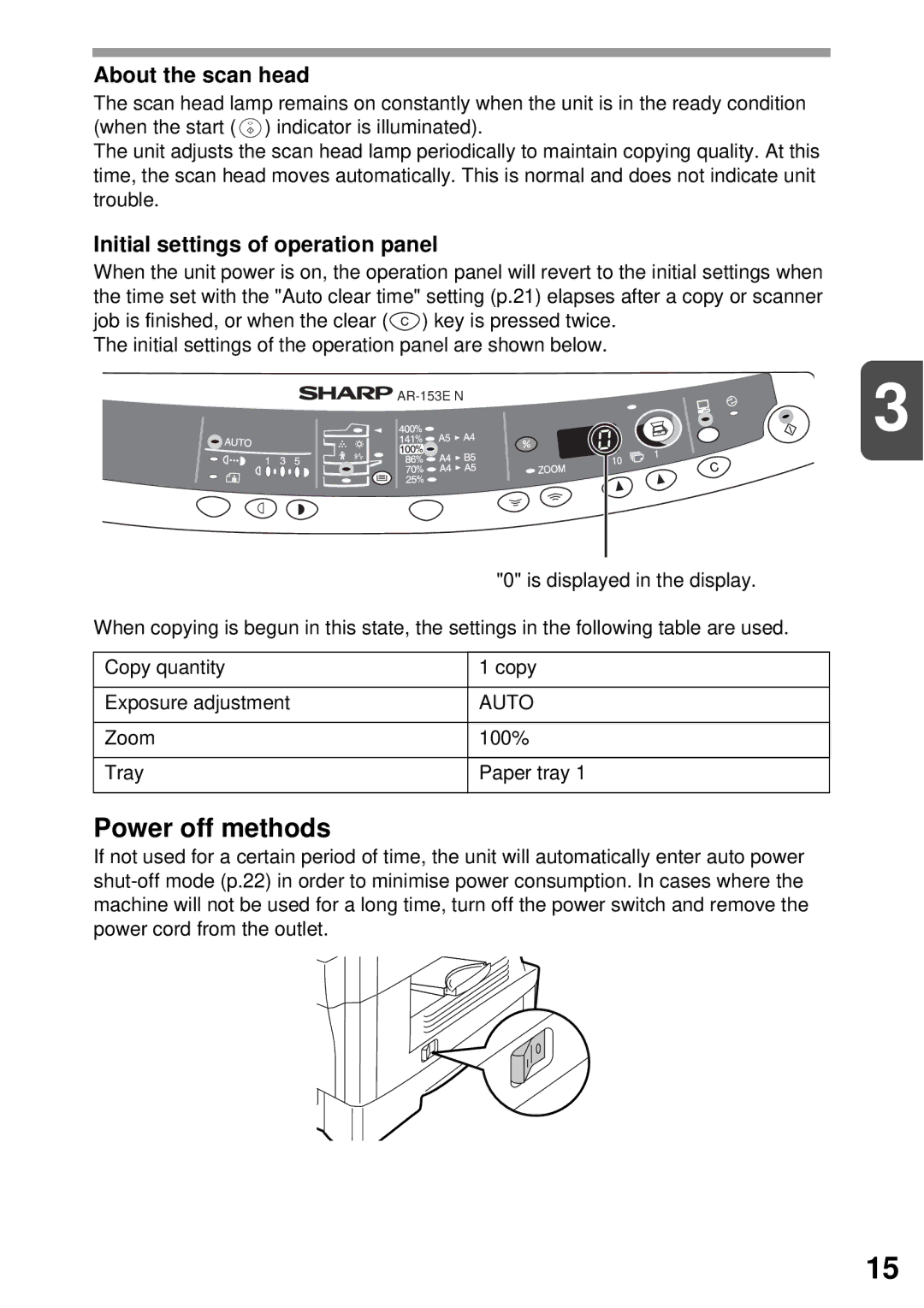 Sharp AR-152E N, AR-122E N, AR-153E N manual Power off methods, About the scan head, Initial settings of operation panel 