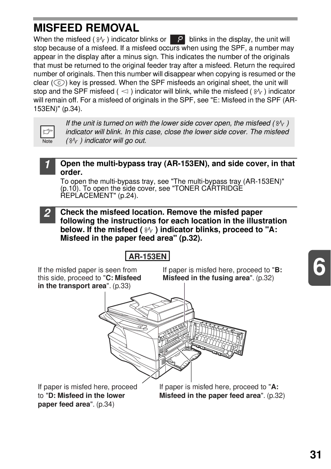 Sharp AR-122E N, AR-153E N, AR-152E N manual Misfeed Removal, Order, Check the misfeed location. Remove the misfed paper 