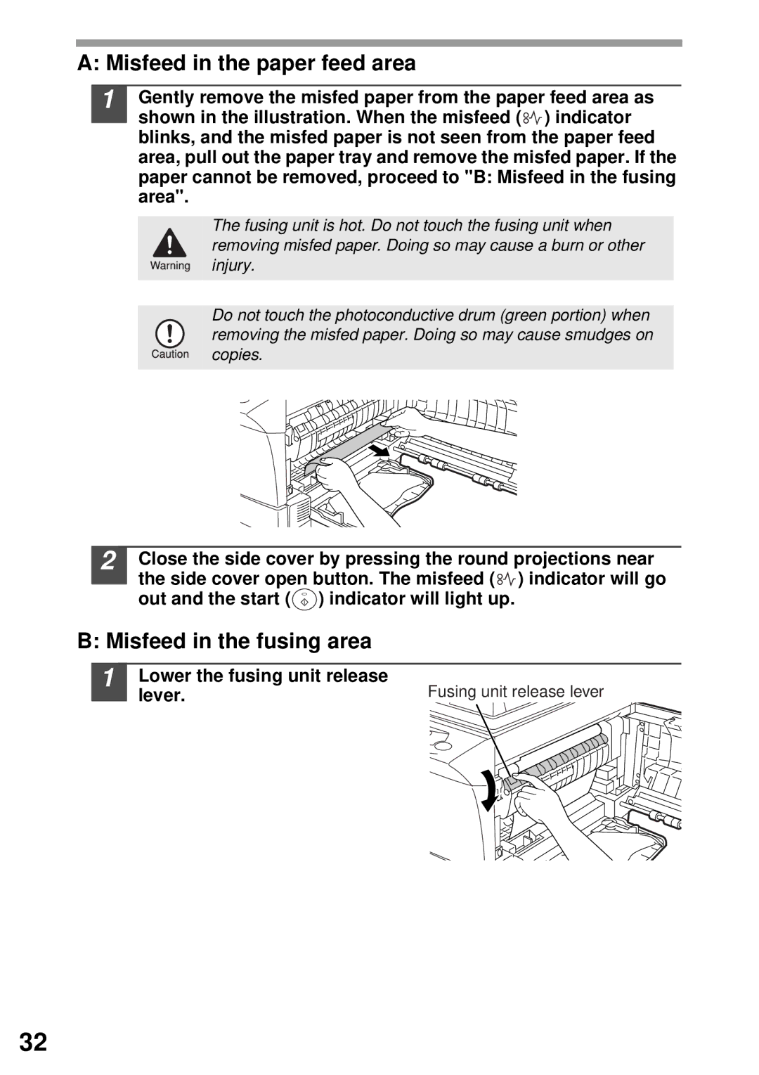 Sharp AR-153E N, AR-122E N, AR-152E N manual Misfeed in the paper feed area, Misfeed in the fusing area 