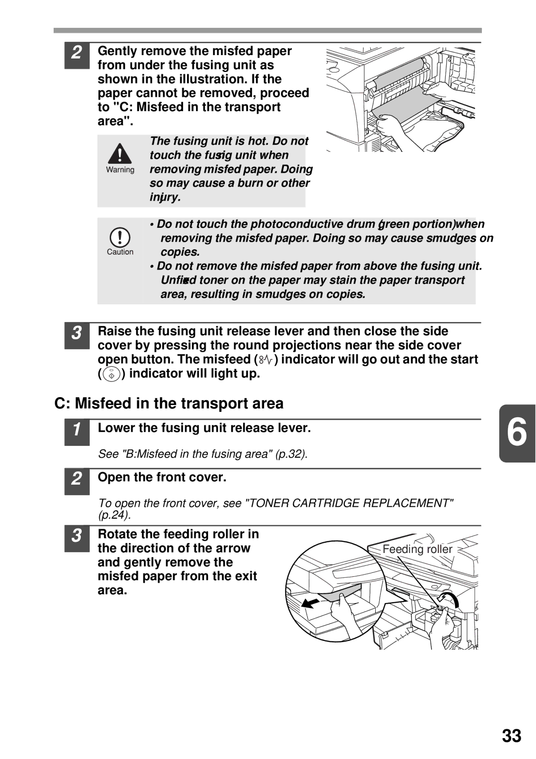 Sharp AR-152E N, AR-122E N manual Misfeed in the transport area, Lower the fusing unit release lever, Open the front cover 