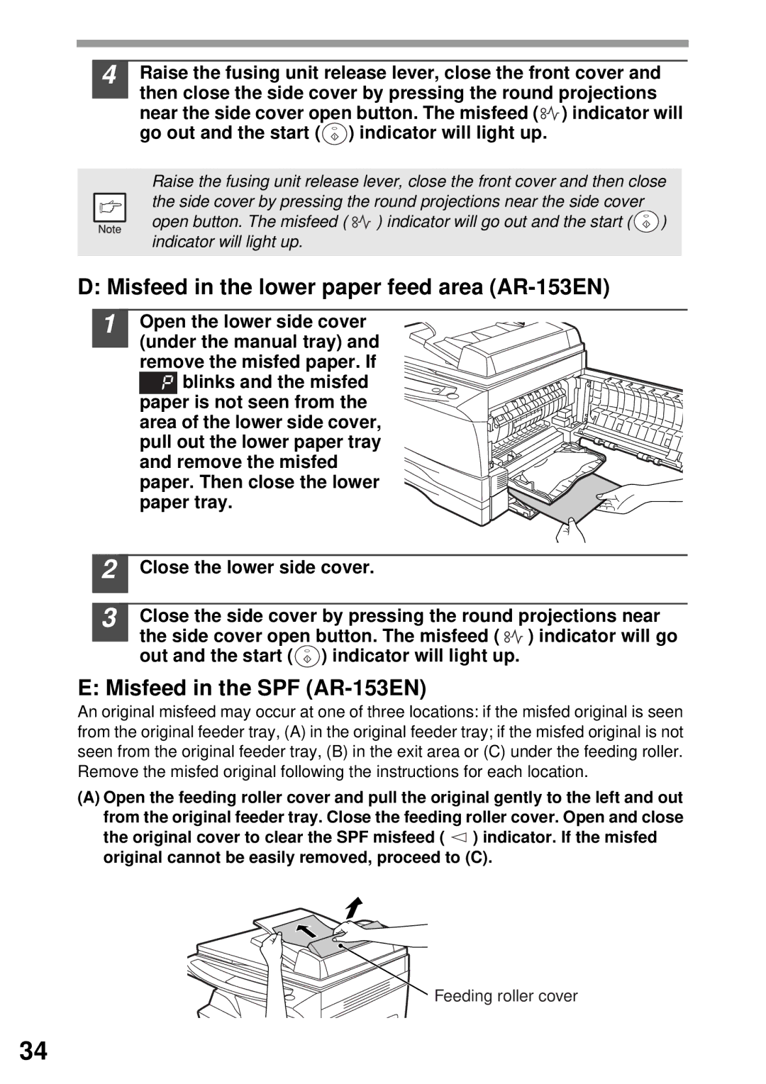 Sharp AR-122E N, AR-153E N, AR-152E N manual Misfeed in the lower paper feed area AR-153EN, Misfeed in the SPF AR-153EN 