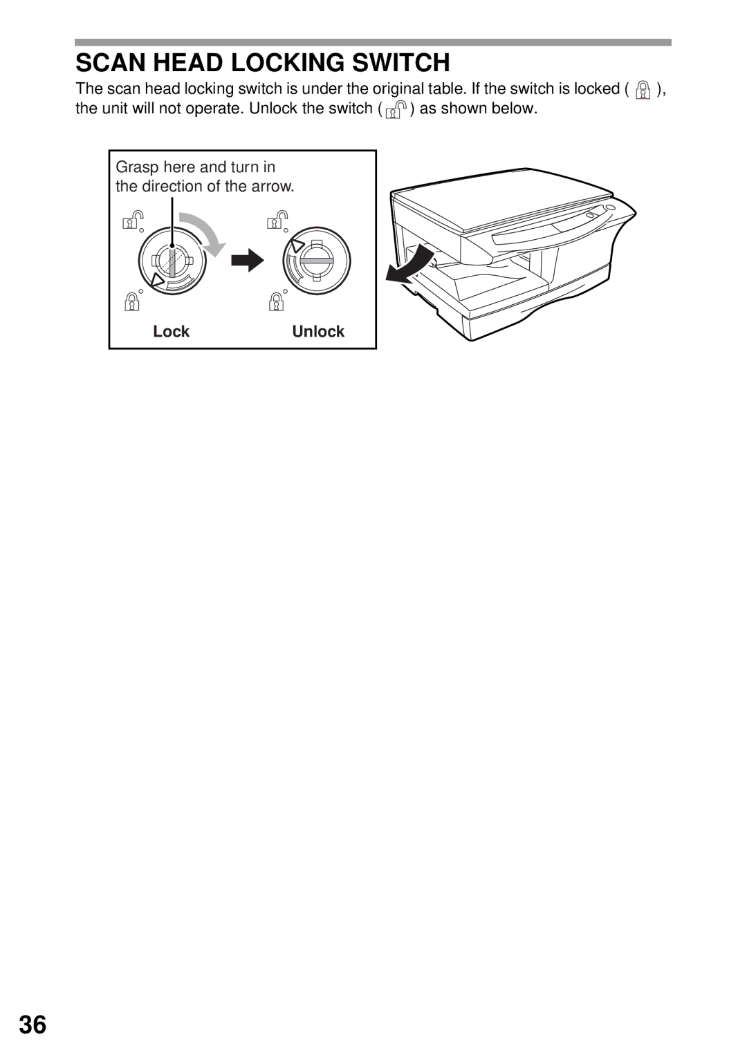 Sharp AR-152E N, AR-122E N, AR-153E N manual Scan Head Locking Switch 