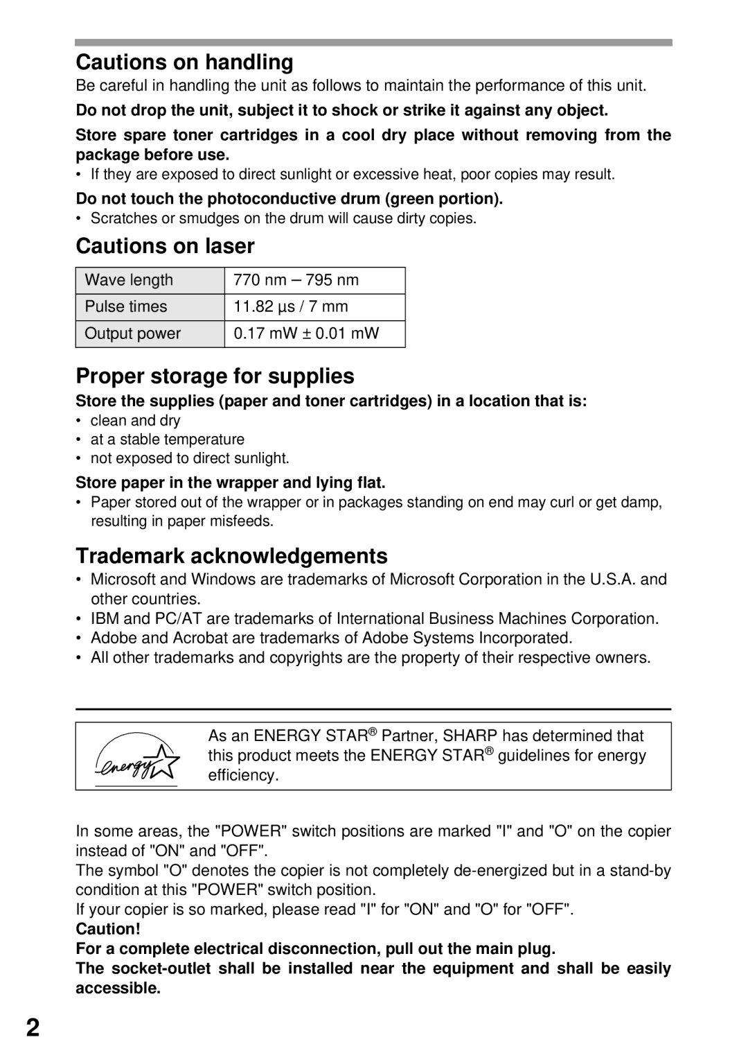 Sharp AR-153E N manual Proper storage for supplies, Trademark acknowledgements, Store paper in the wrapper and lying flat 