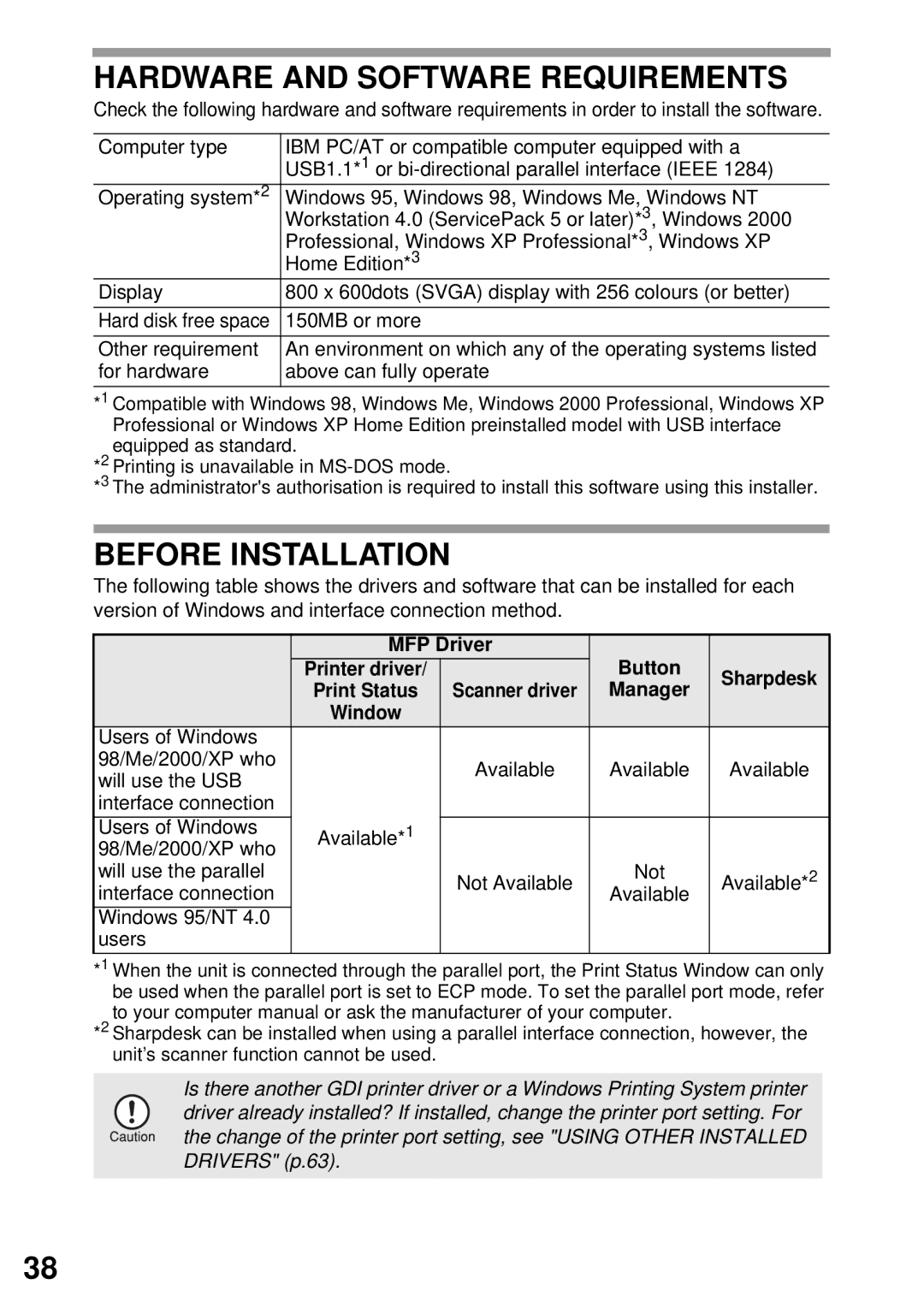 Sharp AR-153E N, AR-122E N, AR-152E N manual Hardware and Software Requirements, Before Installation, MFP Driver Button 