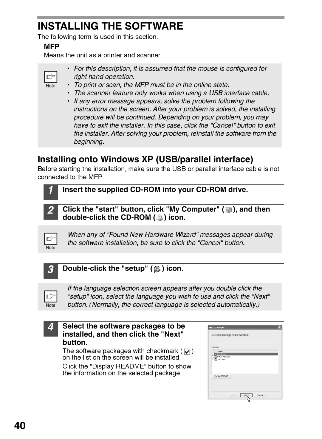 Sharp AR-122E N Installing the Software, Installing onto Windows XP USB/parallel interface, Double-click the setup icon 