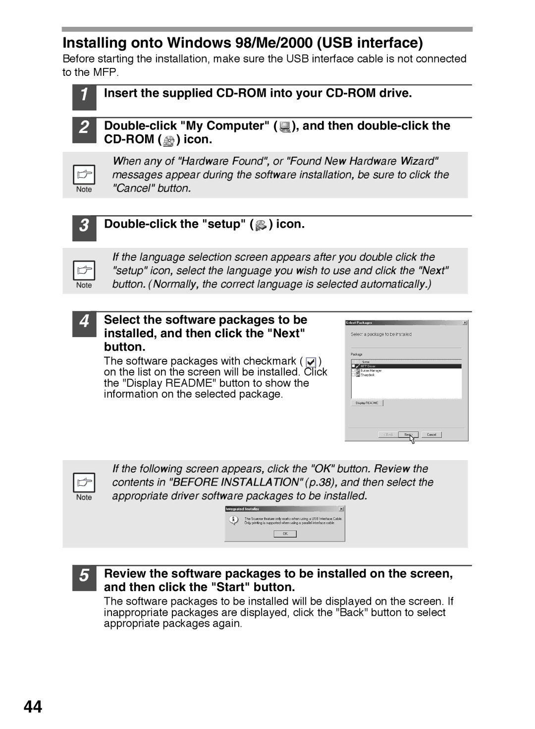 Sharp AR-153E N, AR-122E N, AR-152E N manual Installing onto Windows 98/Me/2000 USB interface, Double-click the setup icon 