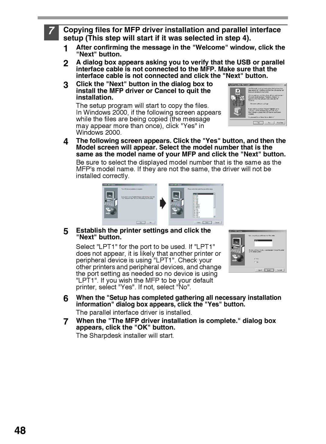 Sharp AR-152E N, AR-122E N, AR-153E N manual Establish the printer settings and click the Next button 