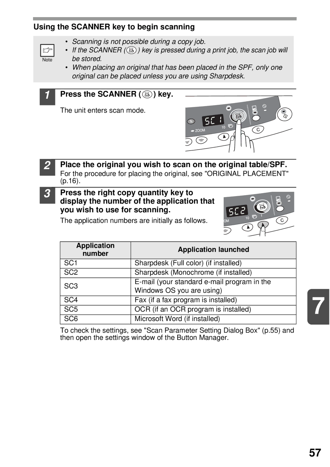 Sharp AR-152E N Using the Scanner key to begin scanning, Press the Scanner key, Application Application launched Number 