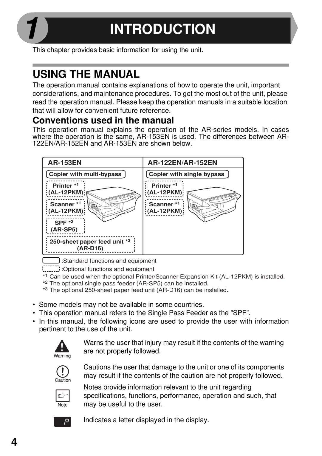 Sharp AR-122E N, AR-153E N, AR-152E N Introduction, Using the Manual, Conventions used in the manual 