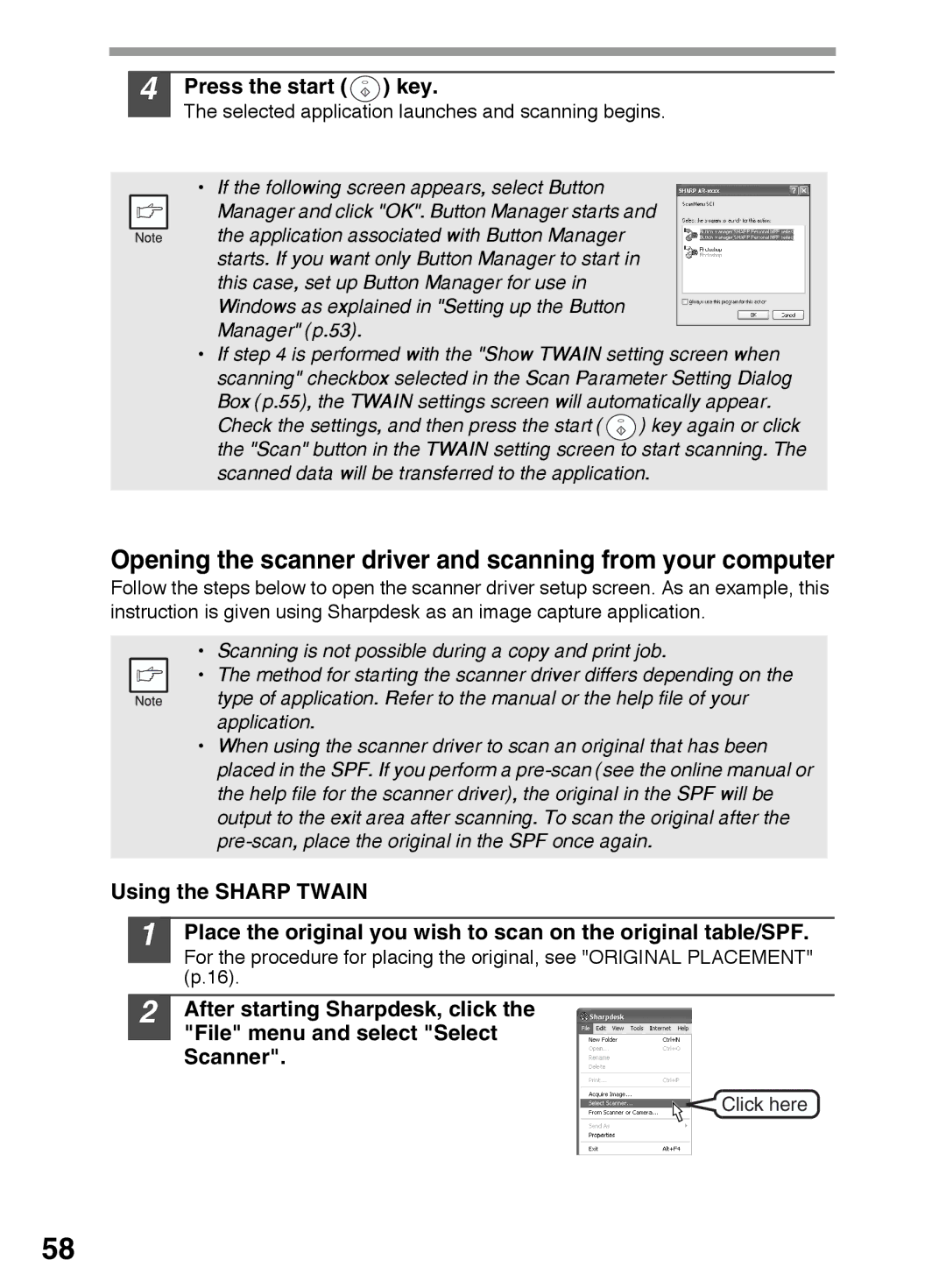 Sharp AR-122E N, AR-153E N, AR-152E N manual Opening the scanner driver and scanning from your computer, Press the start key 