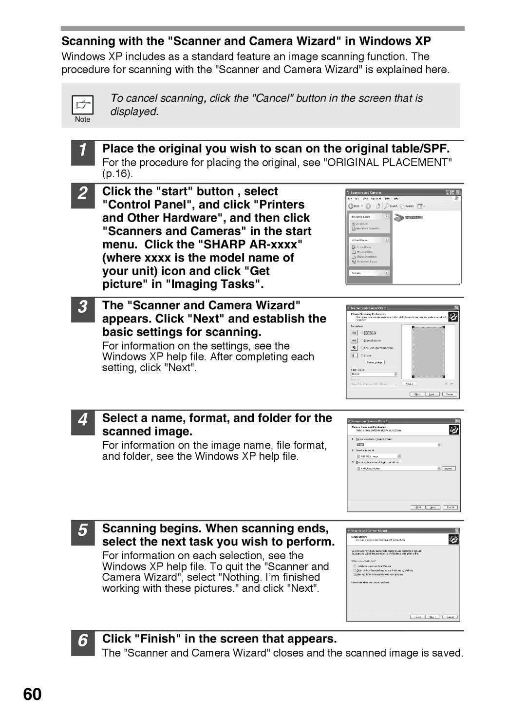 Sharp AR-152E N manual Scanning with the Scanner and Camera Wizard in Windows XP, Click Finish in the screen that appears 