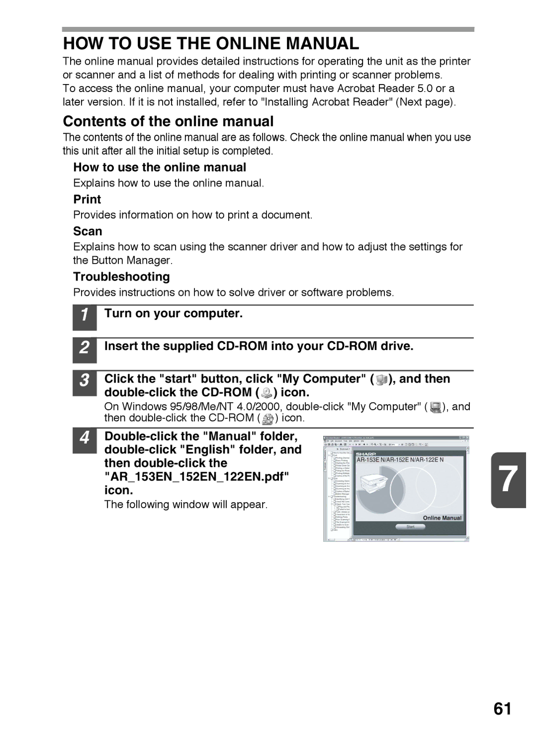 Sharp AR-122E N, AR-153E N, AR-152E N HOW to USE the Online Manual, Contents of the online manual 