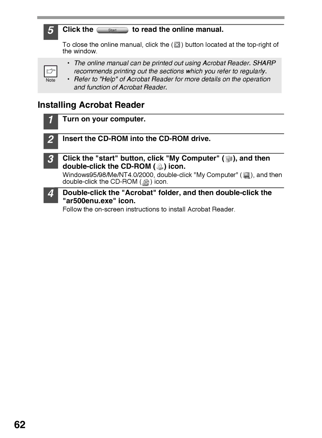 Sharp AR-153E N, AR-122E N, AR-152E N Installing Acrobat Reader, Click the to read the online manual 