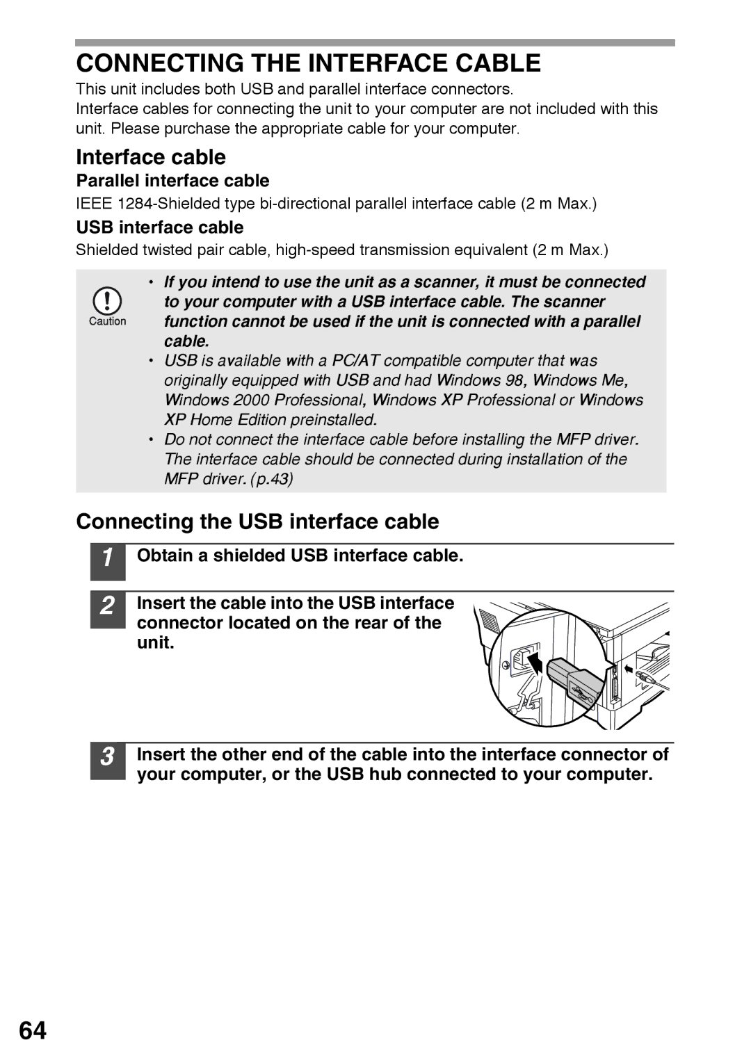 Sharp AR-122E N, AR-153E N, AR-152E N Connecting the Interface Cable, Interface cable, Connecting the USB interface cable 