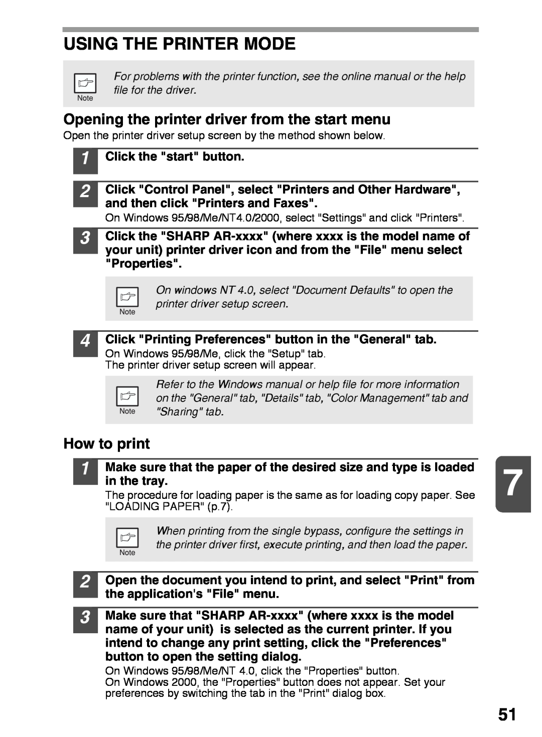 Sharp AR-152E N, AR-122E N, AR-153E N Using The Printer Mode, Opening the printer driver from the start menu, How to print 