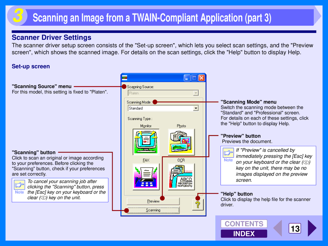 Sharp AR-122E manual Scanner Driver Settings, Set-up screen 