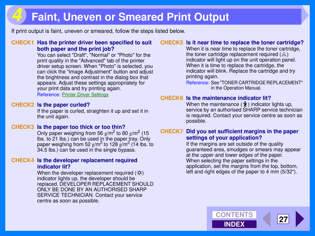 Sharp AR-122E manual Faint, Uneven or Smeared Print Output, Contents 27 Index 