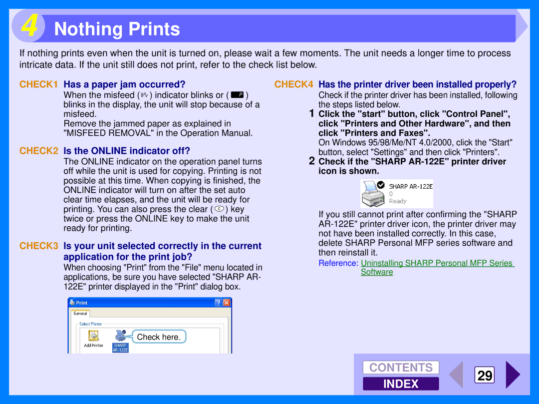 Sharp AR-122E manual Nothing Prints, CHECK1 Has a paper jam occurred?, CHECK2 Is the Online indicator off? 