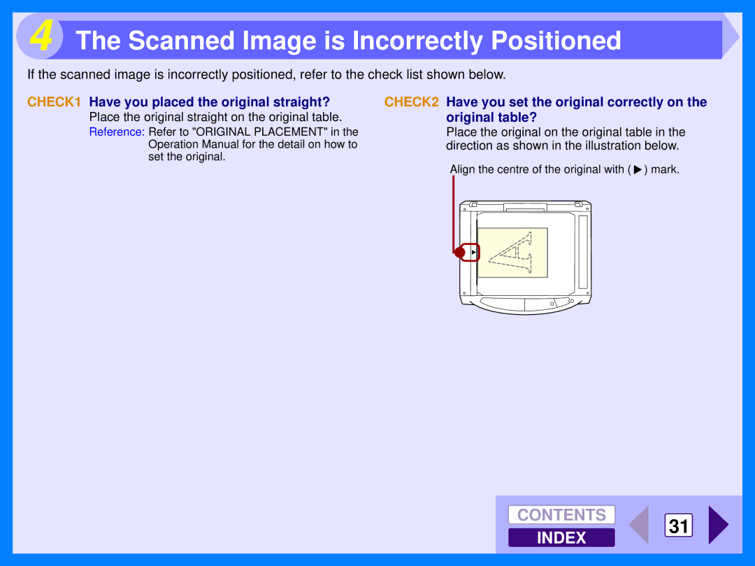 Sharp AR-122E Scanned Image is Incorrectly Positioned, CHECK1 Have you placed the original straight?, Original table? 