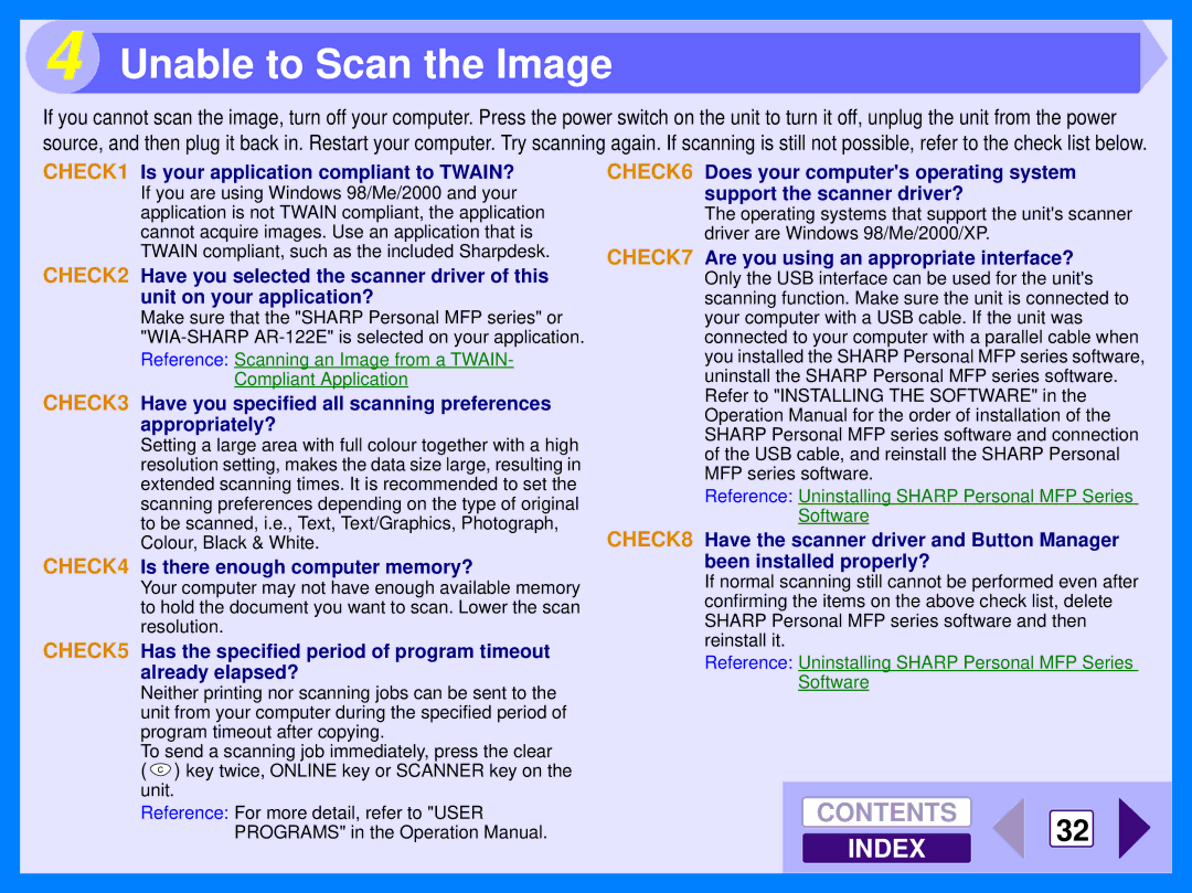 Sharp AR-122E manual Unable to Scan the Image, CHECK1 Is your application compliant to TWAIN? 