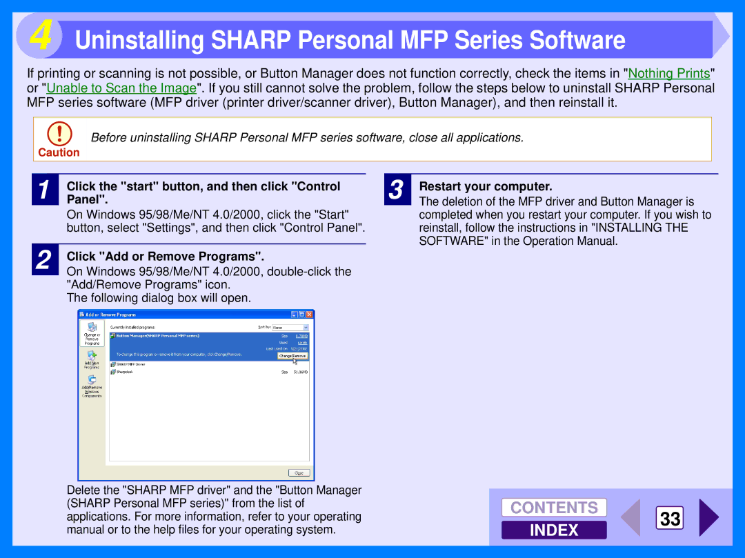 Sharp AR-122E manual Uninstalling Sharp Personal MFP Series Software, Click Add or Remove Programs, Restart your computer 