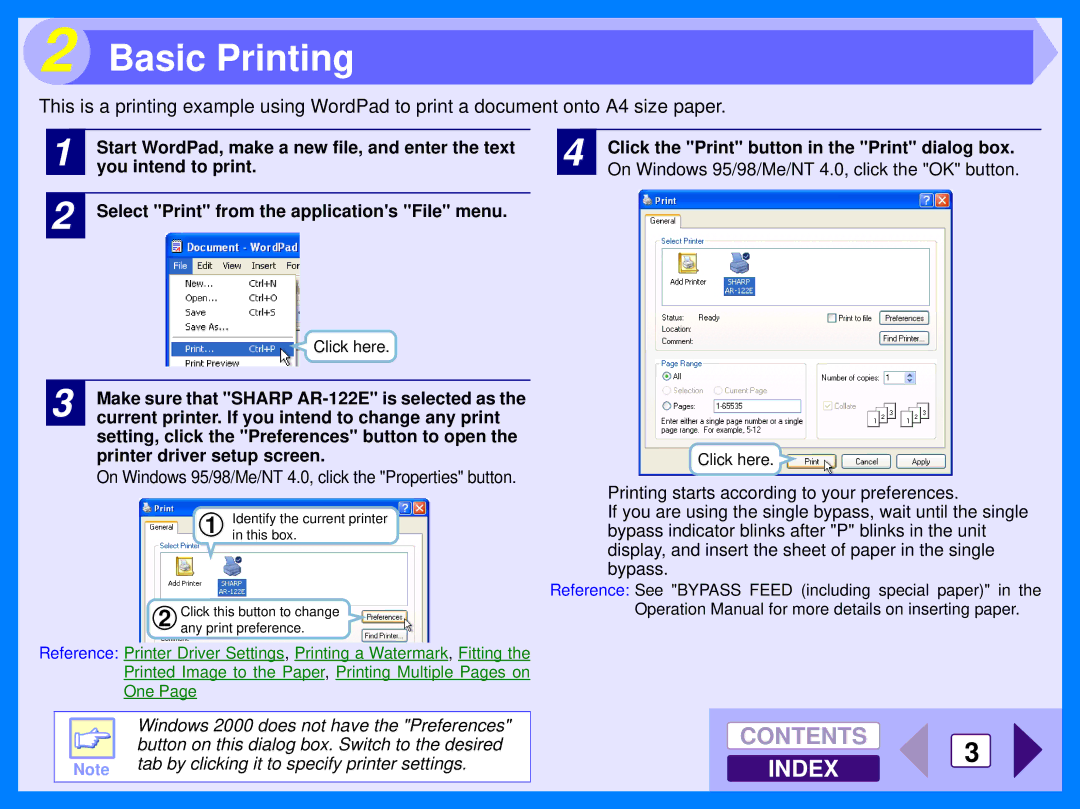 Sharp Basic Printing, Make sure that Sharp AR-122E is selected as, Current printer. If you intend to change any print 